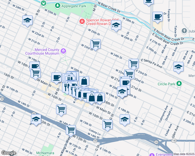 map of restaurants, bars, coffee shops, grocery stores, and more near 2004 Martin Luther King Junior Way in Merced