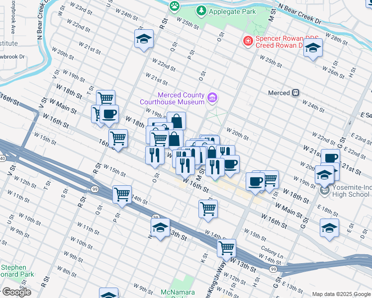 map of restaurants, bars, coffee shops, grocery stores, and more near in Merced