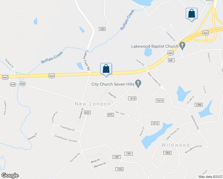 map of restaurants, bars, coffee shops, grocery stores, and more near 56 Sky Place in Lynchburg