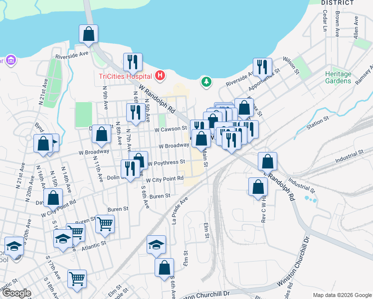 map of restaurants, bars, coffee shops, grocery stores, and more near 208 North 2nd Avenue in Hopewell