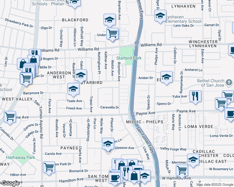 map of restaurants, bars, coffee shops, grocery stores, and more near 1201 Boynton Avenue in San Jose