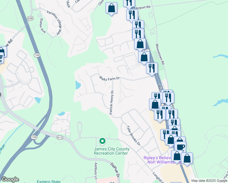 map of restaurants, bars, coffee shops, grocery stores, and more near 127 Patrick Henry Drive in Williamsburg