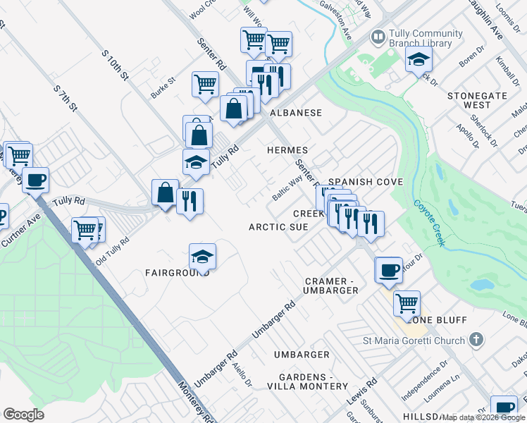 map of restaurants, bars, coffee shops, grocery stores, and more near 2507 Arctic Avenue in San Jose