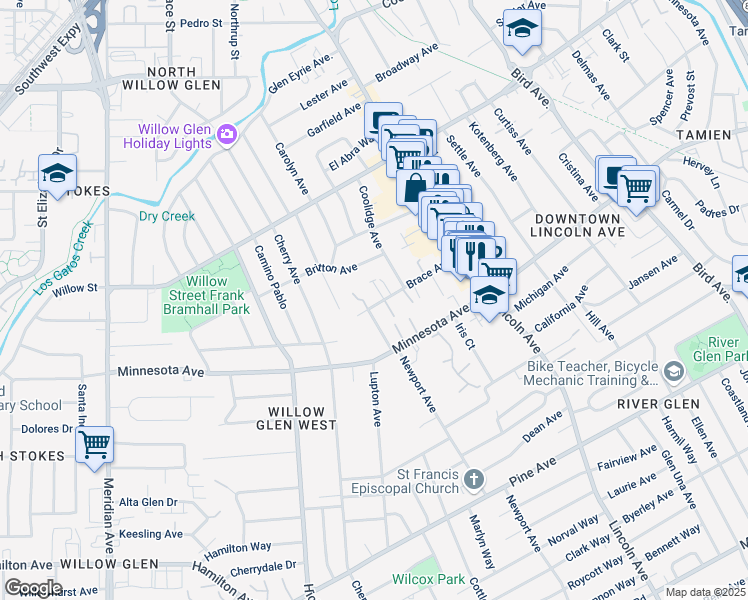 map of restaurants, bars, coffee shops, grocery stores, and more near 1191 Brace Avenue in San Jose