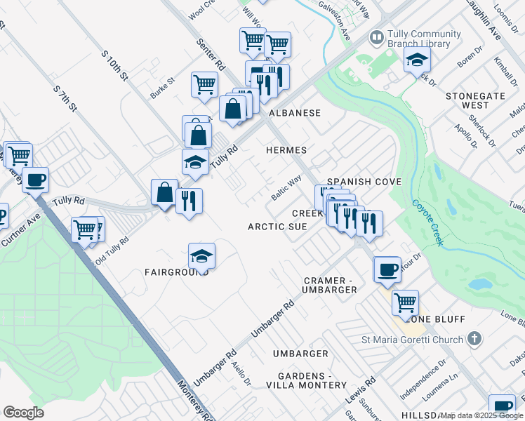 map of restaurants, bars, coffee shops, grocery stores, and more near 2507 Arctic Avenue in San Jose