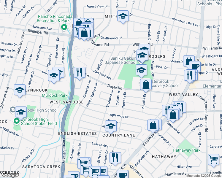 map of restaurants, bars, coffee shops, grocery stores, and more near 5008 Doyle Road in San Jose