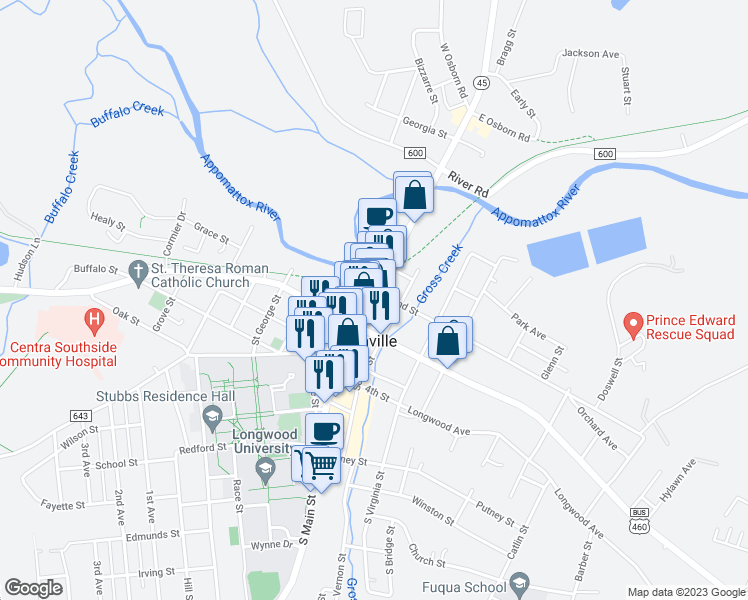 map of restaurants, bars, coffee shops, grocery stores, and more near 228 North Main Street in Farmville