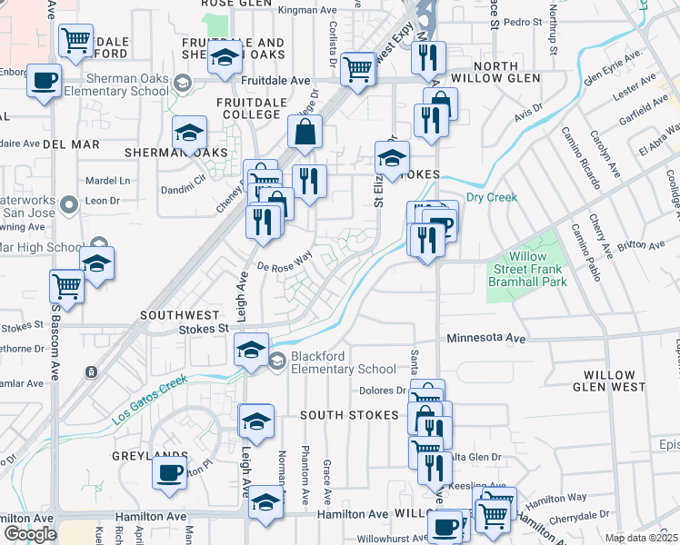 map of restaurants, bars, coffee shops, grocery stores, and more near 1450 Stokes Street in San Jose