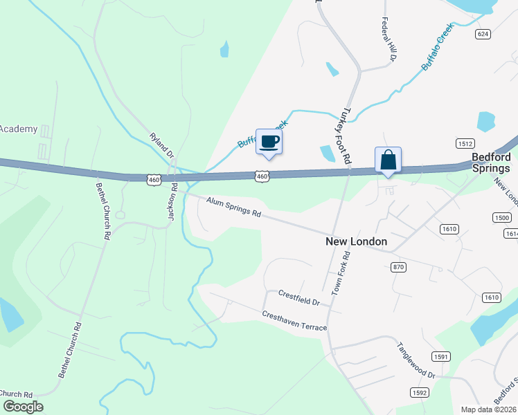map of restaurants, bars, coffee shops, grocery stores, and more near 955 Alum Springs Road in Forest
