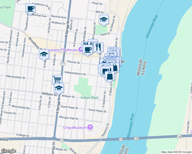map of restaurants, bars, coffee shops, grocery stores, and more near 5 South Lorimier Street in Cape Girardeau