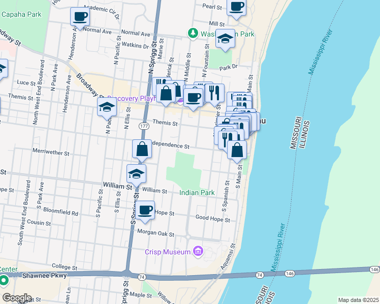 map of restaurants, bars, coffee shops, grocery stores, and more near 401 Independence Street in Cape Girardeau