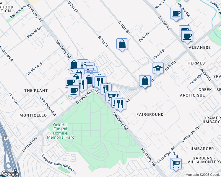 map of restaurants, bars, coffee shops, grocery stores, and more near 130 Tully Road in San Jose