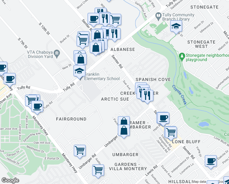 map of restaurants, bars, coffee shops, grocery stores, and more near 463 Salmon Drive in San Jose