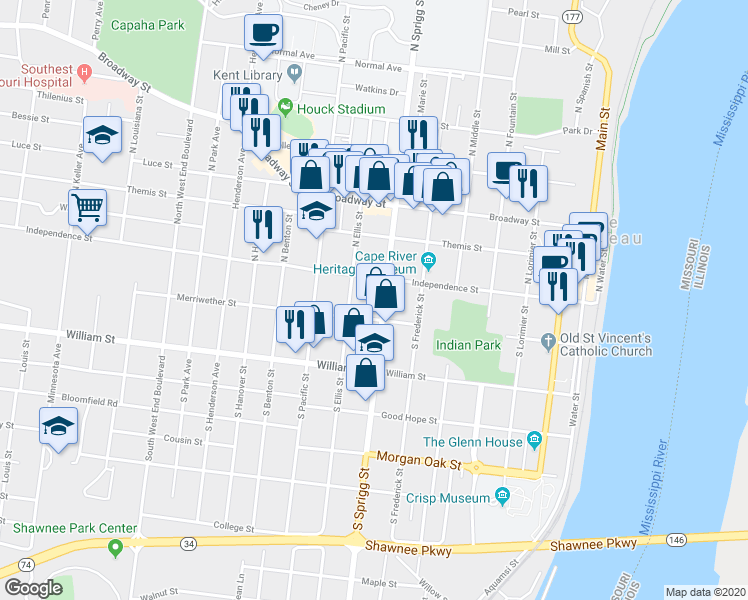 map of restaurants, bars, coffee shops, grocery stores, and more near 25 South Sprigg Street in Cape Girardeau