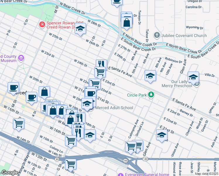 map of restaurants, bars, coffee shops, grocery stores, and more near 2226 F Street in Merced