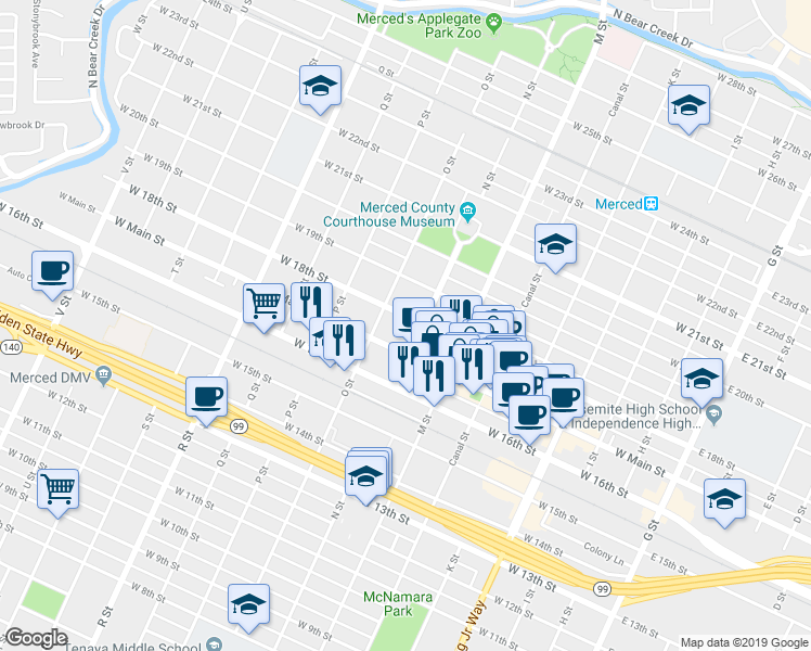 map of restaurants, bars, coffee shops, grocery stores, and more near in Merced