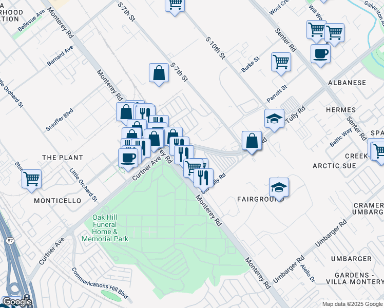 map of restaurants, bars, coffee shops, grocery stores, and more near 130 Tully Road in San Jose