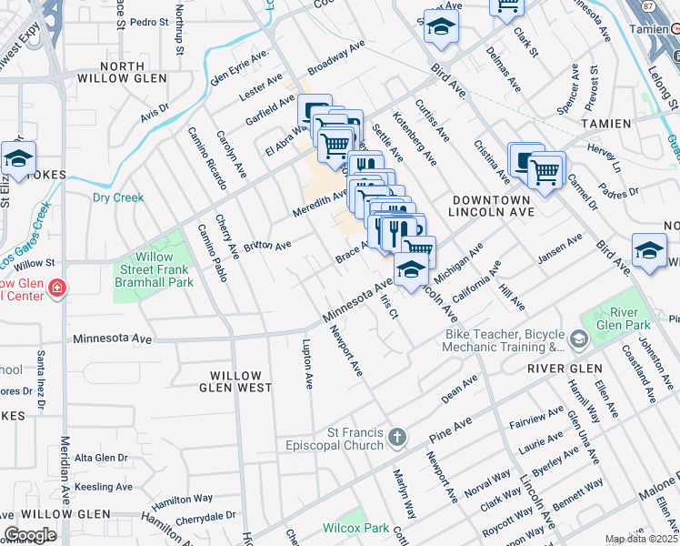 map of restaurants, bars, coffee shops, grocery stores, and more near 1150 Brace Avenue in San Jose