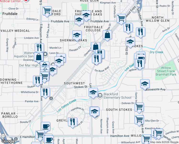 map of restaurants, bars, coffee shops, grocery stores, and more near in San Jose