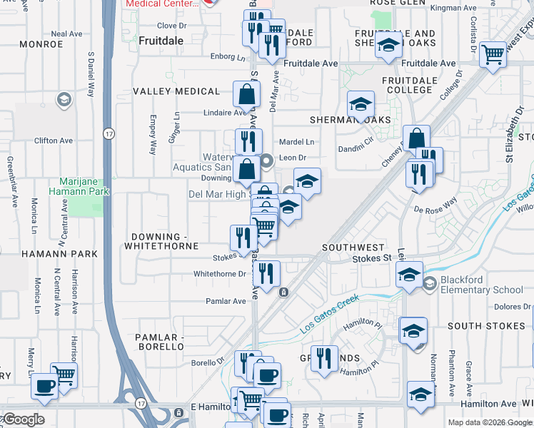 map of restaurants, bars, coffee shops, grocery stores, and more near 1224 Del Mar Avenue in San Jose