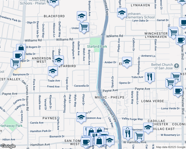 map of restaurants, bars, coffee shops, grocery stores, and more near 3678 Bridgeport Court in San Jose