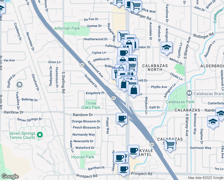 map of restaurants, bars, coffee shops, grocery stores, and more near 1221 Kentwood Avenue in San Jose