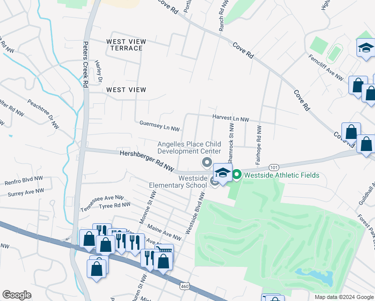 map of restaurants, bars, coffee shops, grocery stores, and more near 3912 High Acres Road Northwest in Roanoke