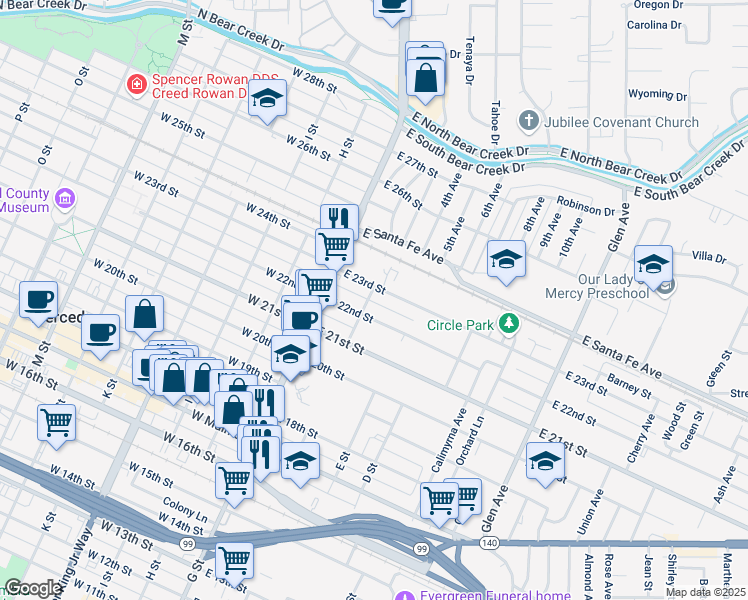 map of restaurants, bars, coffee shops, grocery stores, and more near 2226 F Street in Merced