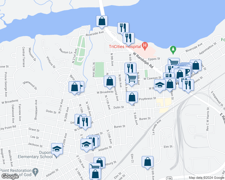 map of restaurants, bars, coffee shops, grocery stores, and more near 903 West Broadway in Hopewell