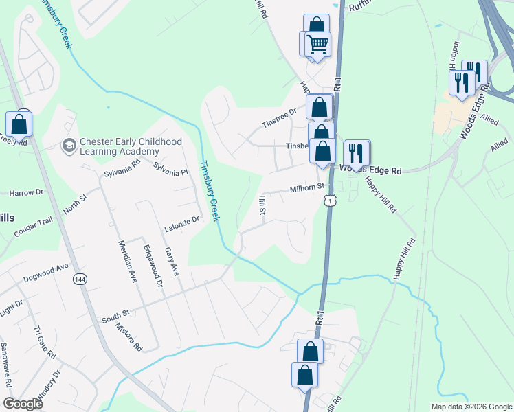 map of restaurants, bars, coffee shops, grocery stores, and more near 15904 Hill Street in Chesterfield County