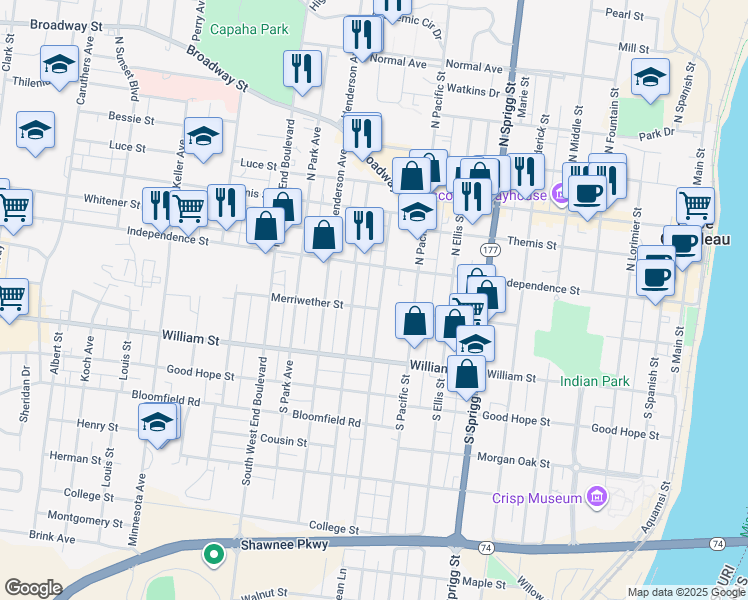 map of restaurants, bars, coffee shops, grocery stores, and more near 37 South Benton Street in Cape Girardeau