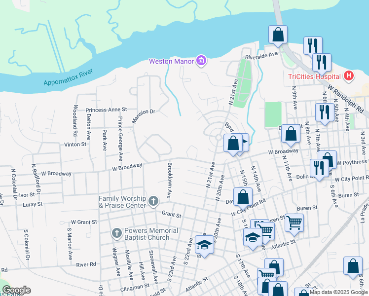 map of restaurants, bars, coffee shops, grocery stores, and more near 707 Monticello Drive in Hopewell