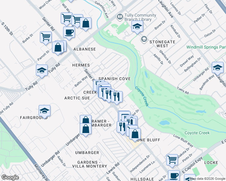 map of restaurants, bars, coffee shops, grocery stores, and more near 2669 Senter Creek Court in San Jose
