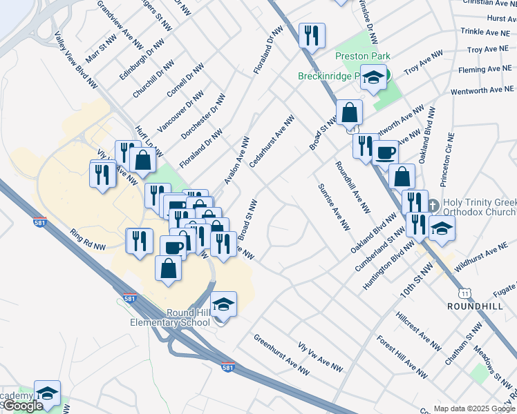 map of restaurants, bars, coffee shops, grocery stores, and more near 2521 Broad Street Northwest in Roanoke
