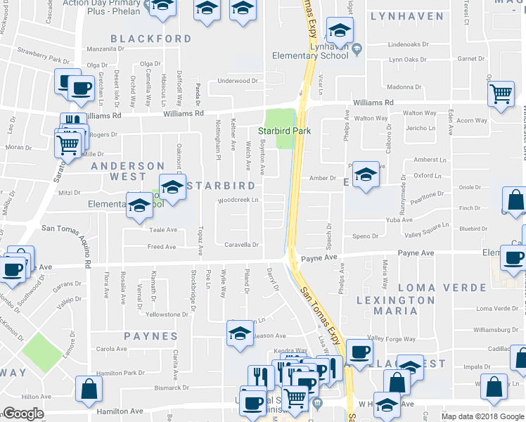 map of restaurants, bars, coffee shops, grocery stores, and more near 6604 Bridgeport Court in San Jose
