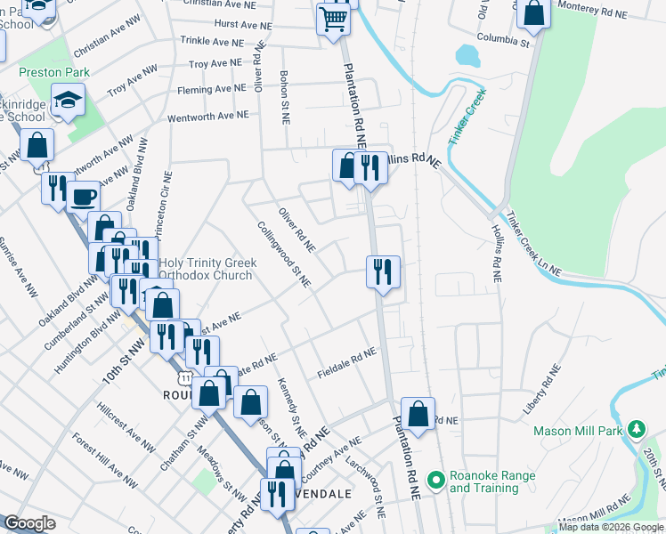 map of restaurants, bars, coffee shops, grocery stores, and more near 3107 Oliver Road Northeast in Roanoke