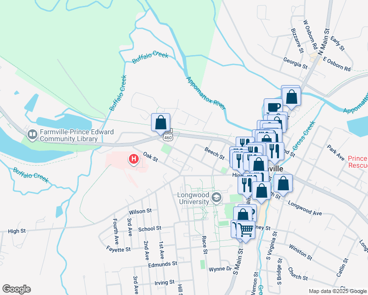 map of restaurants, bars, coffee shops, grocery stores, and more near 606 Buffalo Street in Farmville