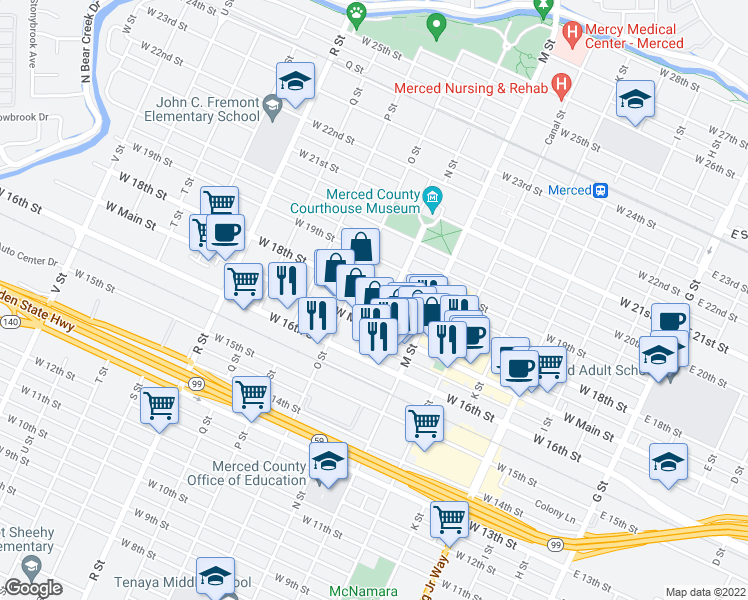 map of restaurants, bars, coffee shops, grocery stores, and more near 722 West 18th Street in Merced