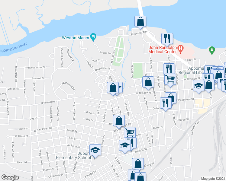 map of restaurants, bars, coffee shops, grocery stores, and more near 122 Byrd Street in Hopewell