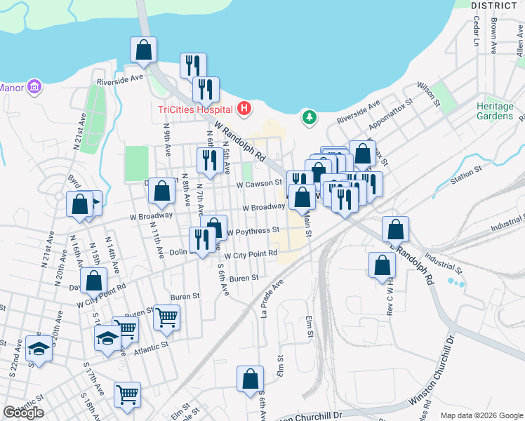 map of restaurants, bars, coffee shops, grocery stores, and more near 210 North 3rd Avenue in Hopewell