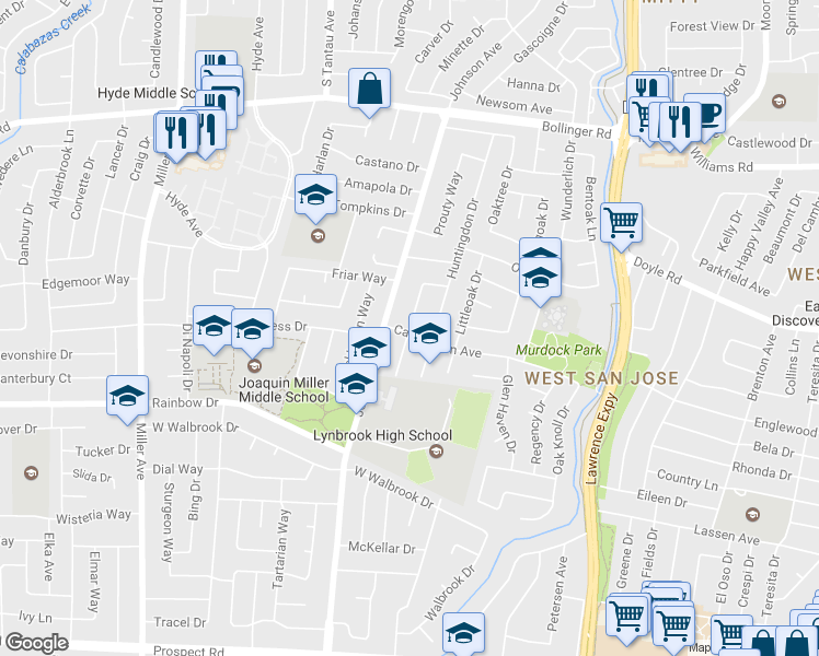 map of restaurants, bars, coffee shops, grocery stores, and more near 1176 Lynbrook Way in San Jose