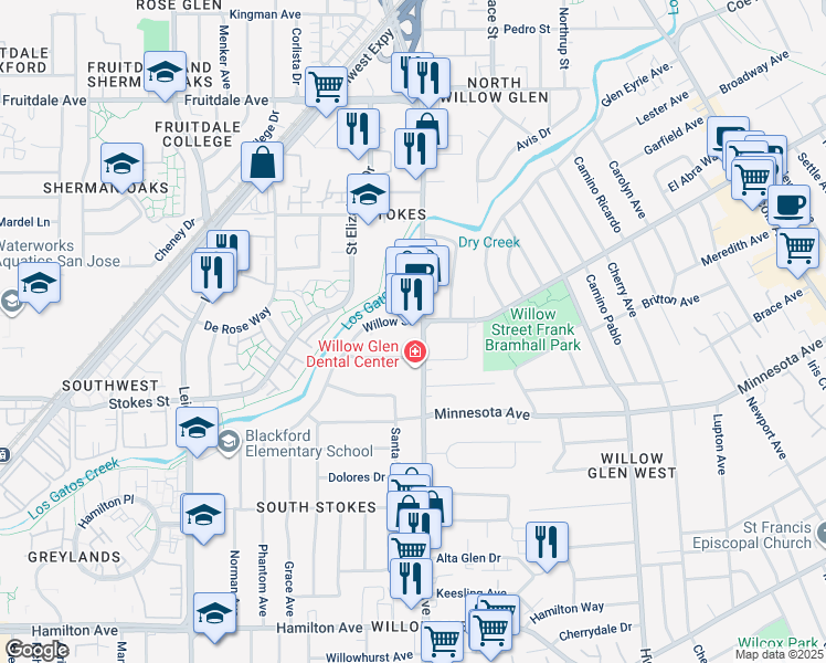 map of restaurants, bars, coffee shops, grocery stores, and more near 1111 Meridian Avenue in San Jose