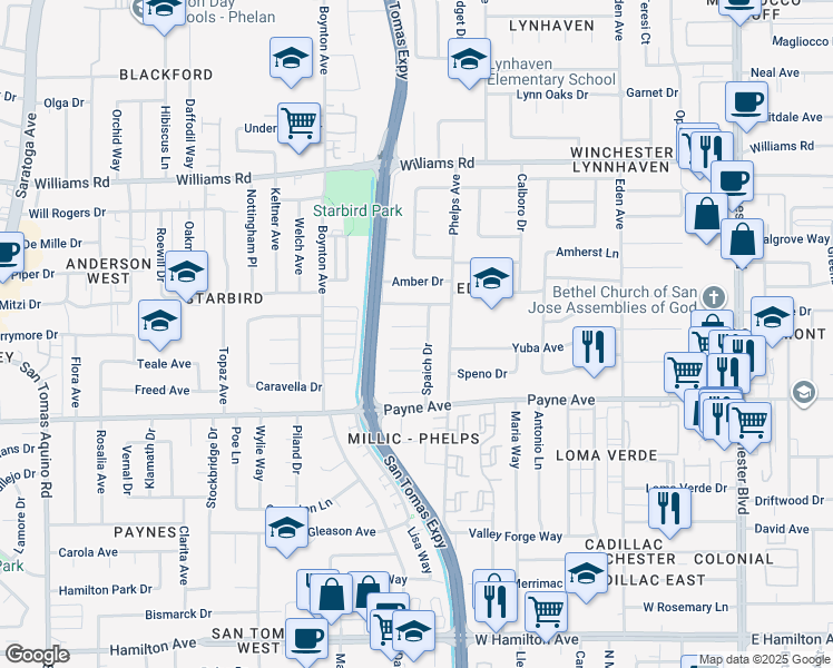 map of restaurants, bars, coffee shops, grocery stores, and more near 3570 Sunnydale Court in San Jose