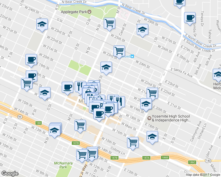 map of restaurants, bars, coffee shops, grocery stores, and more near 1948 K Street in Merced