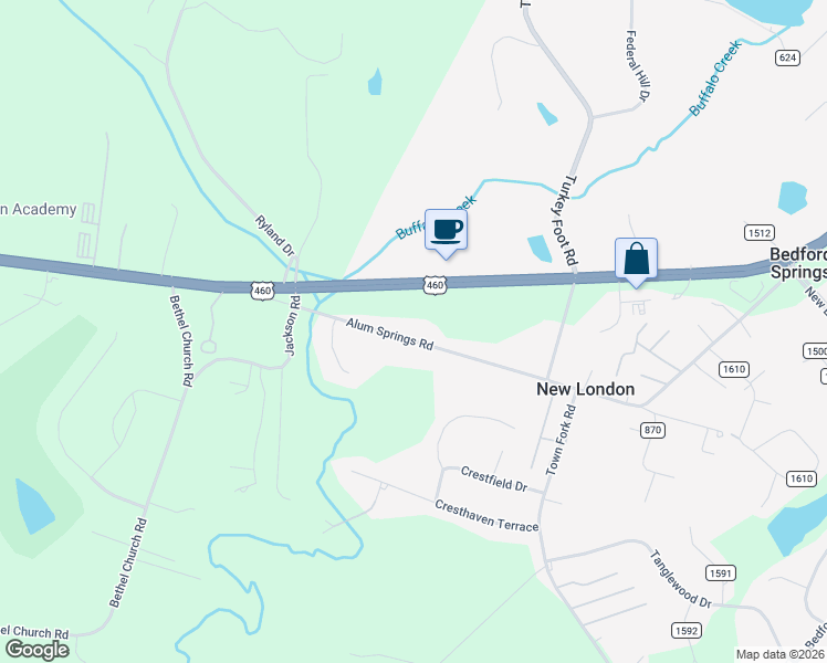 map of restaurants, bars, coffee shops, grocery stores, and more near 955 Alum Springs Road in Forest