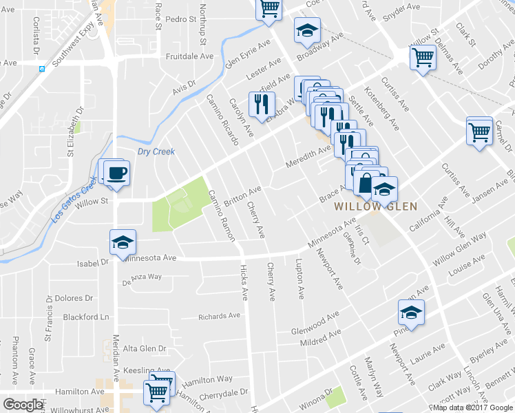 map of restaurants, bars, coffee shops, grocery stores, and more near 1252 Cherry Avenue in San Jose