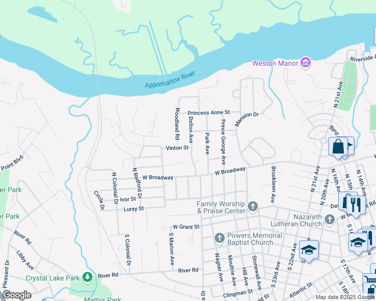 map of restaurants, bars, coffee shops, grocery stores, and more near 402 Delton Ave in Hopewell
