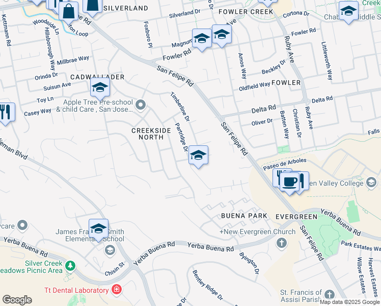 map of restaurants, bars, coffee shops, grocery stores, and more near 4180 Partridge Drive in San Jose