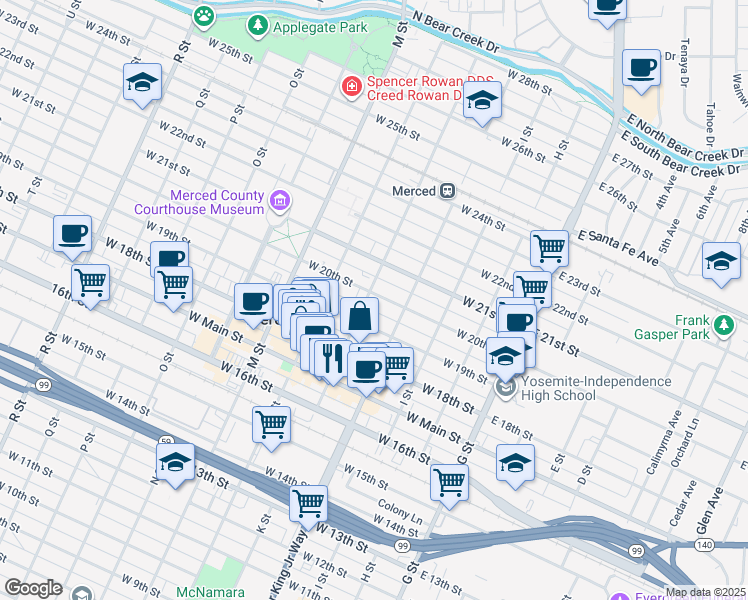 map of restaurants, bars, coffee shops, grocery stores, and more near 1948 K Street in Merced
