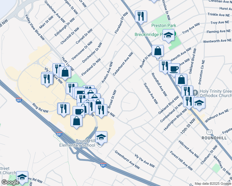 map of restaurants, bars, coffee shops, grocery stores, and more near 2521 Broad Street Northwest in Roanoke